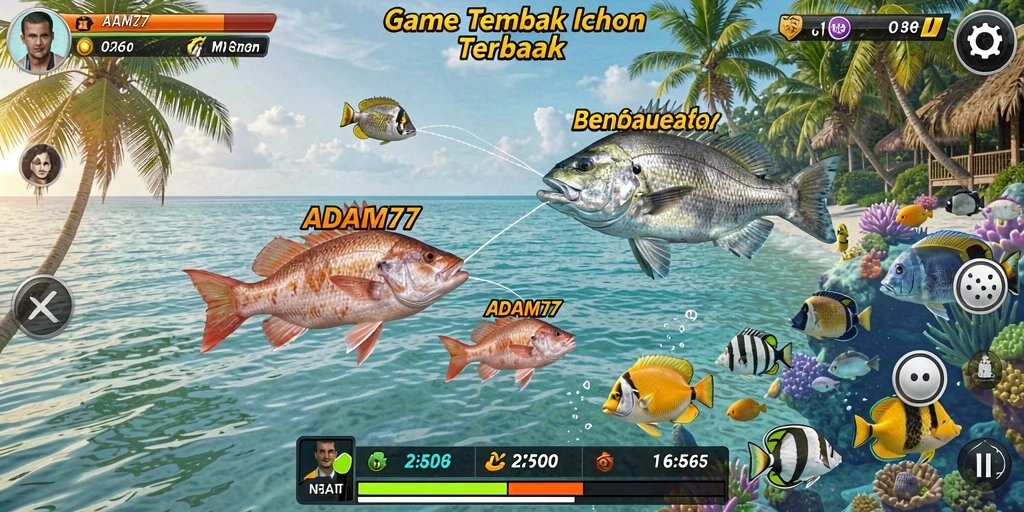 Tampilan gameplay seru dalam ADAM77 dengan berbagai ikan yang menarik.