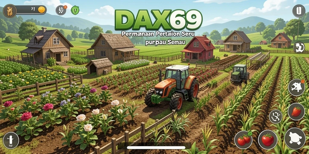 Gameplay menarik dalam DAX69 dengan pertanian yang berwarna-warni.