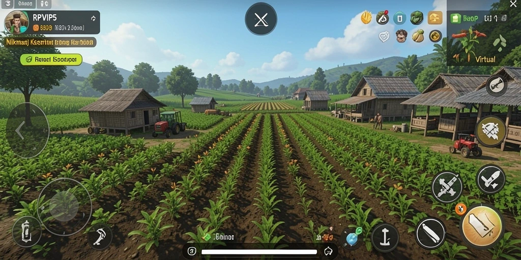 Tampilan gameplay RPVIP5 dengan lahan pertanian yang subur dan tanaman yang beragam.