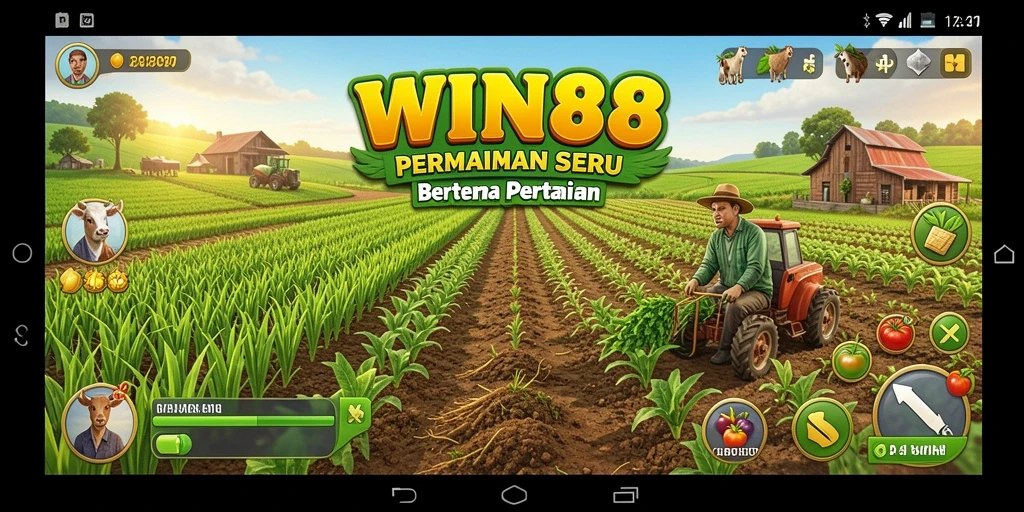 Tampilan gameplay WIN88 yang menampilkan kebun yang indah dan hewan ternak.